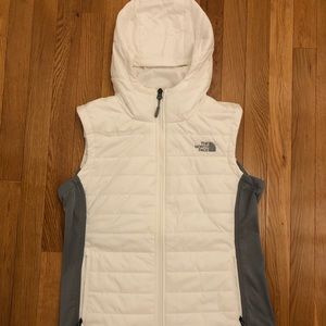 The North Face White and Gray Hooded Puffer Vest